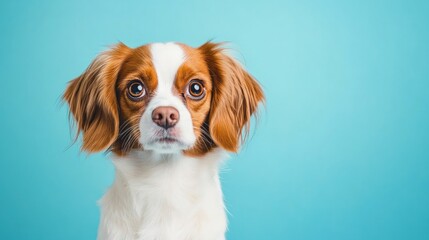 A cute dog with brown and white fur poses against a bright blue background.