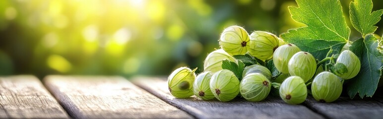 Wall Mural - A cluster of fresh green gooseberries resting on a wooden surface with soft sunlight.