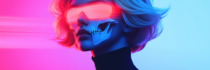 Futuristic portrait with neon lights and skull sunglasses