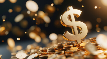 Shiny dollar sign surrounded by falling golden coins, symbolizing wealth and prosperity