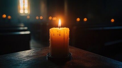 A close-up of a candle being lit in a dark church, with the flame slowly growing brighter, symbolizing hope and faith. The soft light and shadows create an intimate and contemplative atmosphere.