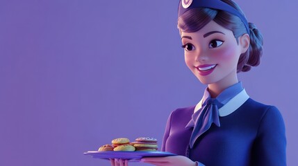 Poster - A cheerful female character in a uniform holds a plate of cookies, set against a purple background.