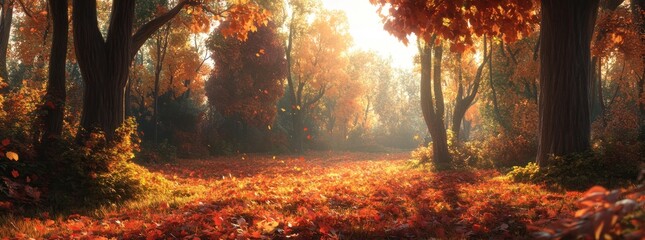 Wall Mural - A serene autumn forest scene with golden leaves and soft sunlight filtering through trees.