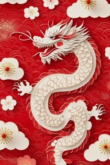  Elegant white dragon soaring through red clouds in vibrant traditional artwork