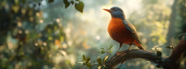 Poster - A vibrant bird perched on a branch in a serene, sunlit forest setting.