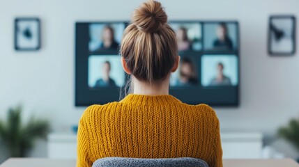 Woman in Yellow Sweater on Video Conference Call