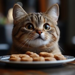 Cute Cat with Treats on Plate