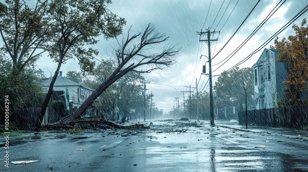 Strong winds from a hurricane demolish trees and flood suburban streets ...