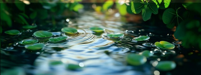 Wall Mural - A serene water scene with lily pads and gentle ripples.