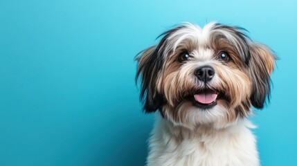 Poster - A cheerful dog with a fluffy coat against a bright blue background.