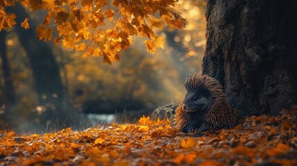 Poster - A hedgehog resting among autumn leaves by a tree in a serene forest setting.