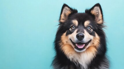 Sticker - A happy black and tan dog with bright eyes against a light blue background.