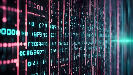 Abstract digital background with a glowing, turquoise light source and binary code in pink and teal on a black background.
