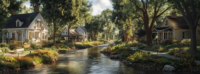 Poster - A serene neighborhood with houses and a flowing stream surrounded by lush greenery and flowers.