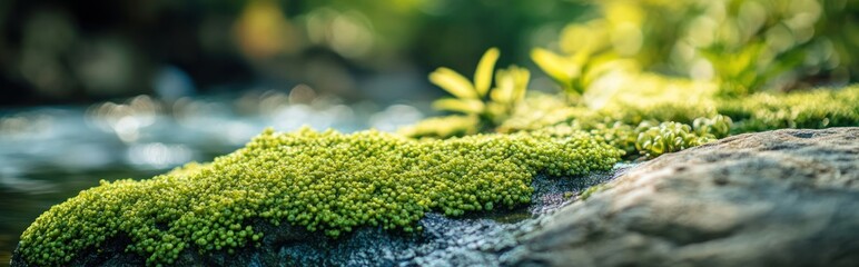 Poster - A close-up of vibrant moss on a rock beside a gentle stream, showcasing nature's beauty.