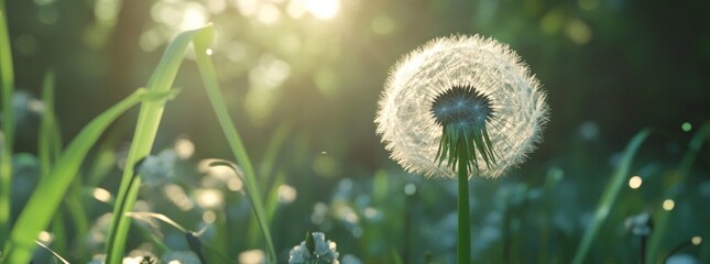 Poster - A dandelion puff glows in sunlight amidst green grass and flowers.