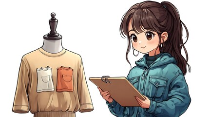 Chibi Designer Holding Sketchpad and Fashion Concept