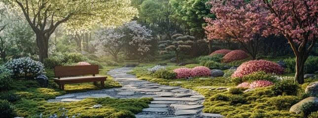 Poster - A serene garden path with blooming flowers and a bench, inviting relaxation and contemplation.