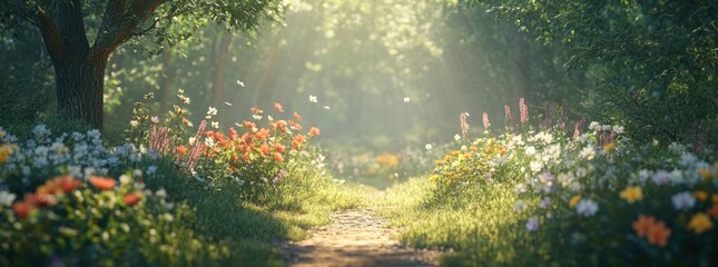 Wall Mural - A serene forest path illuminated by sunlight, surrounded by vibrant flowers.