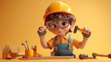 Canvas Print - A cheerful child in a hard hat and glasses, holding a hammer, surrounded by tools.