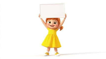 Sticker - A cheerful cartoon girl in a yellow dress holds a blank sign, inviting messages or creativity.