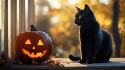 A black cat and a carved pumpkin on a wooden porch, both bathed in warm, late afternoon sunlight.