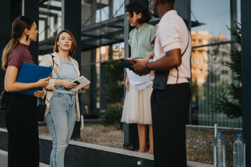 Wall Mural - A group of four young business people holding a meeting outside a modern building, discussing ideas and collaborating. They appear engaged and focused, holding notebooks and documents.