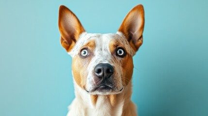 Poster - A close-up of a dog with expressive eyes against a blue background.