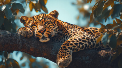 Aufkleber - A leopard lounging in a tree, isolated on a pastel blue background, representing its stealth and agility,