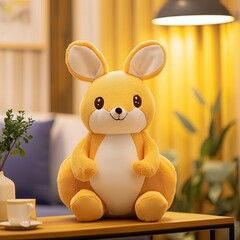 Sticker - Cute Yellow Bunny Plush Toy Sitting on a Table.