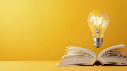 Canvas Print - A floating light bulb above an open book against a vibrant yellow background