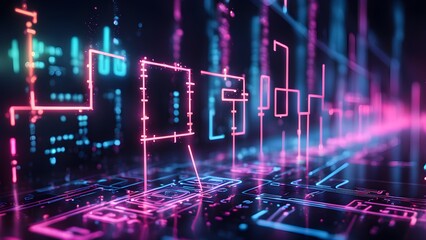 Abstract digital background with glowing lines and futuristic data streams.
