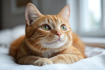 Wall Mural - Charming Orange Tabby Cat Poses Elegantly on a Bright White Surface in Stunning Close-Up Shot