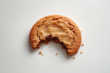 cookie with crumbs scattered against a pristine white background.