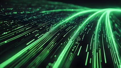 Wall Mural - Abstract digital background with glowing green lines forming a curved path, representing data flow or technological innovation.