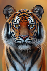 Poster - A detailed portrait of a Bengal tiger, isolated on a pastel orange background, capturing its striking stripes and fierce gaze,