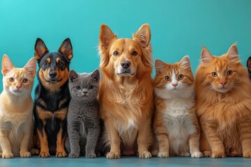 Wall Mural - Vibrant Gathering of Adorable Pets Showcasing Diverse Dog Breeds and Cats Against a Bright Blue Ba