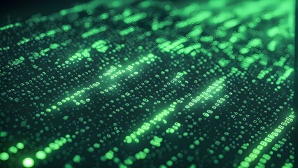 Abstract green binary code background with glowing lines.