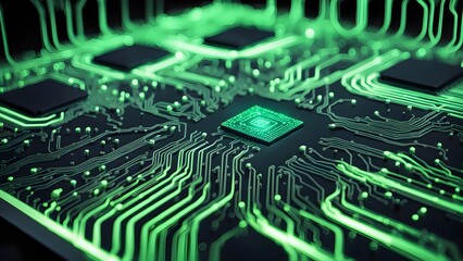 A close-up view of a glowing green circuit board with a central processor chip.