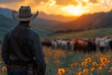 Wall Mural - Golden Horizons A Cowboy's Vigil Over Cattle at Sunset in the Lush Pasture