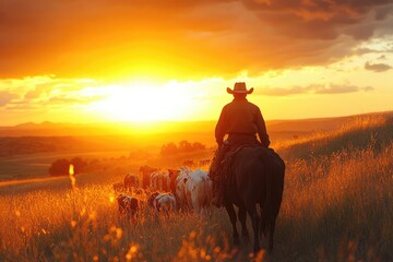 Wall Mural - A Cowboy's Journey Through Golden Grasslands at Sunset with a Herd of Cattle