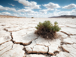 A small plant is growing in the middle of a desert