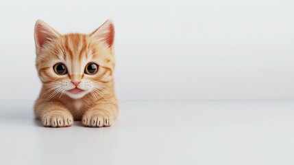 A cute orange kitten is laying on a white surface