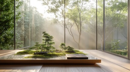 A Zen-inspired home studio, the glass box featuring a miniature forest resting on a wooden desk, with soft natural light streaming in from large windows