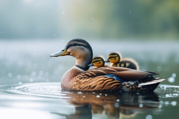 A Serene Duck and Its Chicks Gracefully Swim in a Tranquil Pond on a Clear Background