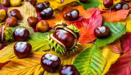 Wall Mural - Chestnuts Resting on Vibrant Autumn Leaves