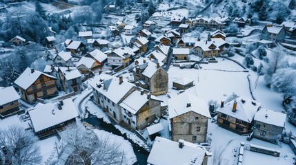 Wall Mural - Snowy Village Aerial View