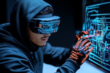 Cyber hacker wearing VR goggles, manipulating a holographic screen with hands covered in virtual gloves, showing a futuristic, immersive hacking interface