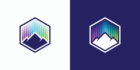 Wall Mural - A combination logo that combines the shape of a mountain, and aurora light in a hexagonal frame. Icon for business, outdoor, travel, and personal branding.