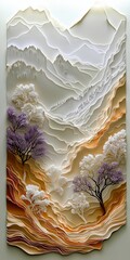 Paper craft mountain landscape in white, yellow and purple